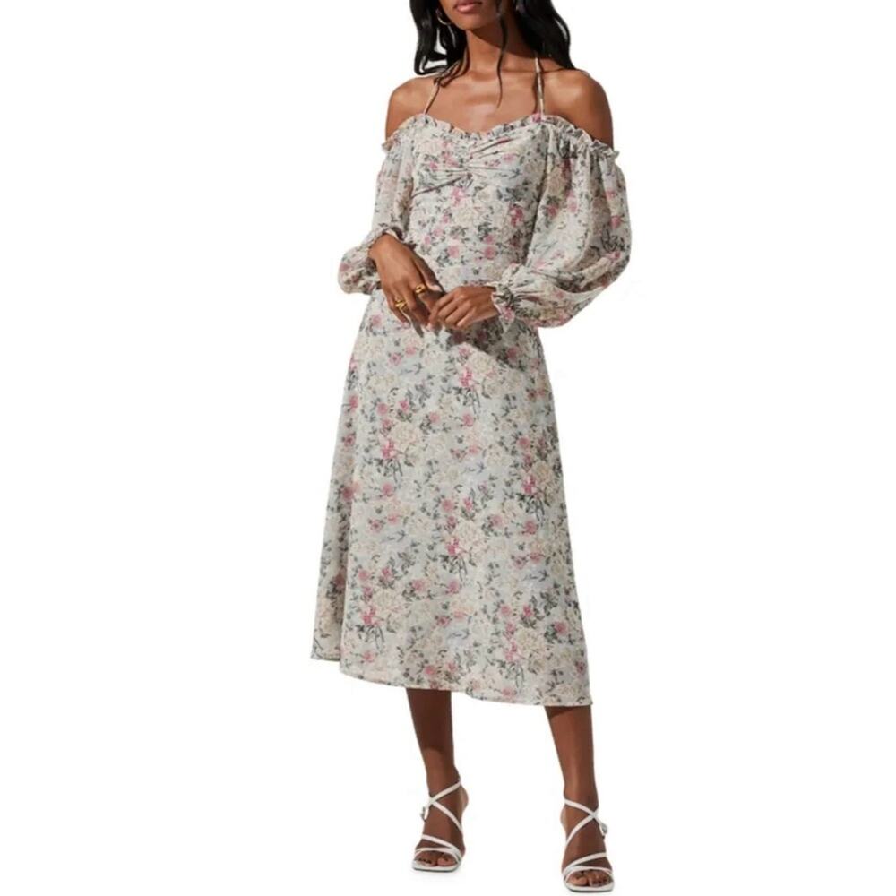 Astr Floral Print Tie Neck Off the Shoulder Dress Size M Nwot